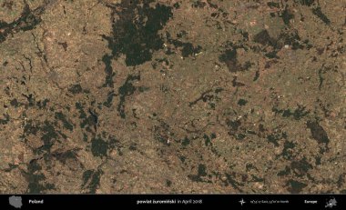 powiat zurominski. Nisan 2018 'de çekilen Kopernik Sentinel karolarından oluşan bir uydu görüntüsü üzerine Polonya' nın idari bölgesi