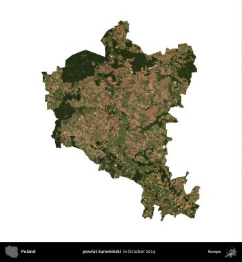 powiat zurominski. Polonya idari bölgesi, Ekim 2024 'te çekilen Kopernik Nöbetçi karolarından oluşan bir uydu görüntüsü üzerinde beyaza izole edildi.