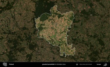 powiat zurominski. Polonya 'nın idari alanı, Ekim 2024' te çekilen Kopernik Nöbetçi karolarından oluşan koyu renkli bir uydu görüntüsü üzerine vurgulandı ve özetlendi