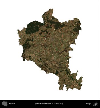 powiat zurominski. Polonya idari bölgesi, Mart 2025 'te çekilen Kopernik Nöbetçi karolarından oluşan bir uydu görüntüsü üzerinde beyaza izole edildi.