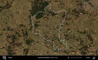 powiat zurominski. Polonya 'nın idari bölgesinin ana hatları, Mart 2025' te çekilen Kopernik Nöbetçi karolarından oluşan bir uydu görüntüsü üzerine çizildi.