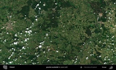 powiat zwolenski. Copernicus Sentinel 'in Haziran 2018' de çekilmiş uydu görüntüsü üzerine Polonya 'nın idari bölgesi