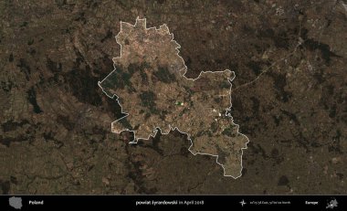 powiat zyrardowski. Polonya 'nın idari alanı, Nisan 2018' de çekilen Kopernik Nöbetçi karolarından oluşan koyu renkli bir uydu görüntüsü üzerine vurgulandı ve özetlendi