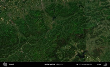 powiat zywiecki. Copernicus Sentinel 'in Mayıs 2017' de çekilmiş uydu görüntüsü üzerine Polonya 'nın idari bölgesi.