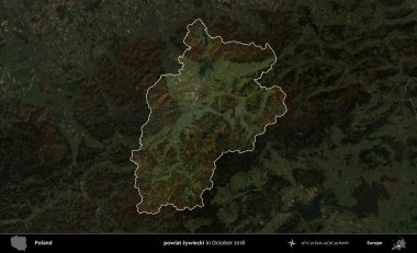 powiat zywiecki. Polonya 'nın idari alanı, Ekim 2018' de çekilen Kopernik Nöbetçi karolarından oluşan koyu renkli bir uydu görüntüsü üzerine vurgulandı ve özetlendi