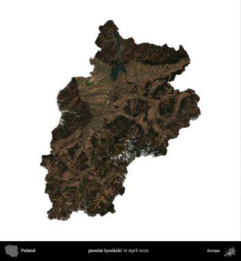 powiat zywiecki. Polonya idari bölgesi, Nisan 2020 'de çekilen Kopernik Nöbetçi karolarından oluşan bir uydu görüntüsü üzerinde beyaza izole edildi.