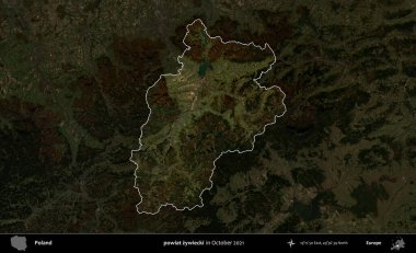 powiat zywiecki. Polonya 'nın idari alanı, Ekim 2021' de çekilen Kopernik Nöbetçi karolarından oluşan koyu renkli bir uydu görüntüsü üzerine vurgulandı ve özetlendi