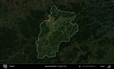 powiat zywiecki. Polonya 'nın idari alanı, Ağustos 2023' te çekilen Kopernik Nöbetçi karolarından oluşan koyu renkli bir uydu görüntüsü üzerine vurgulandı ve özetlendi.