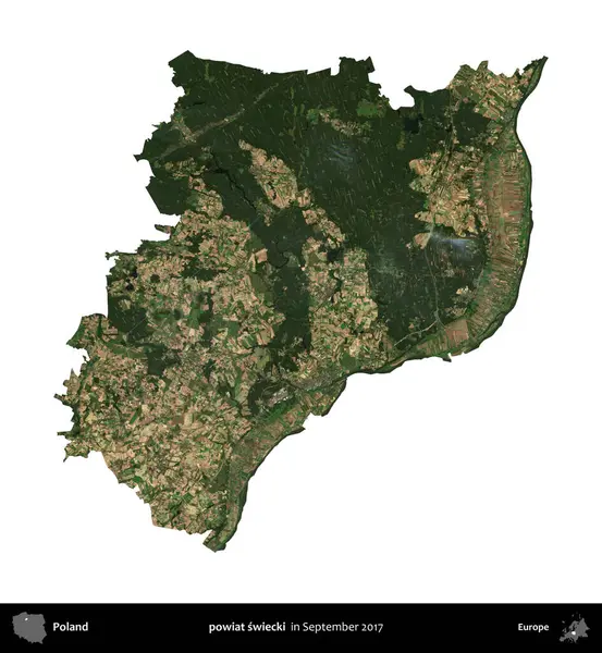 powiat swiecki. Polonya idari bölgesi, Eylül 2017 'de çekilen Kopernik Nöbetçi karolarından oluşan bir uydu görüntüsü üzerinde beyaza izole edildi.