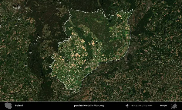 powiat swiecki. Polonya 'nın idari alanı, Mayıs 2023' te çekilen Kopernik Nöbetçi karolarından oluşan koyu renkli bir uydu görüntüsü üzerinde vurgulandı ve özetlendi.