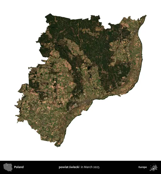 powiat swiecki. Polonya idari bölgesi, Mart 2025 'te çekilen Kopernik Nöbetçi karolarından oluşan bir uydu görüntüsü üzerinde beyaza izole edildi.