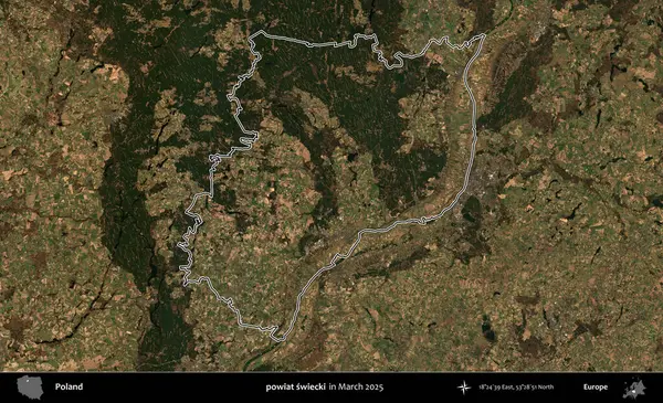 powiat swiecki. Polonya 'nın idari bölgesinin ana hatları, Mart 2025' te çekilen Kopernik Nöbetçi karolarından oluşan bir uydu görüntüsü üzerine çizildi.