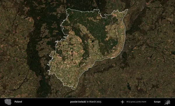 powiat swiecki. Polonya 'nın idari alanı, Mart 2025' te çekilen Kopernik Nöbetçi karolarından oluşan koyu renkli bir uydu görüntüsü üzerine vurgulandı ve özetlendi