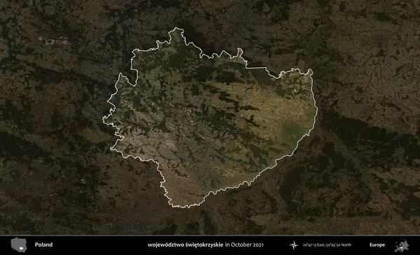 wojewodzz iki swietokrzyskie. Polonya 'nın idari alanı, Ekim 2021' de çekilen Kopernik Nöbetçi karolarından oluşan koyu renkli bir uydu görüntüsü üzerine vurgulandı ve özetlendi