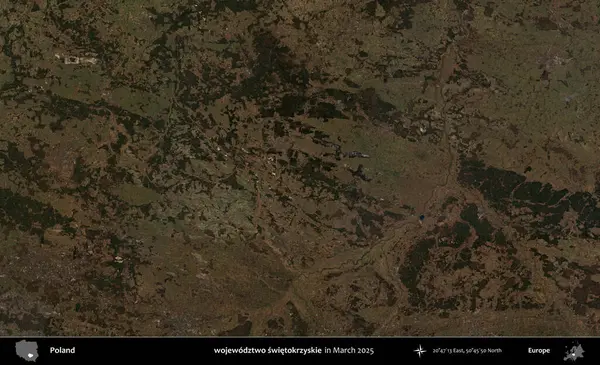 wojewodzz iki swietokrzyskie. Copernicus Sentinel 'in Mart 2025' te çekilmiş uydu görüntüsü üzerine Polonya 'nın idari bölgesi