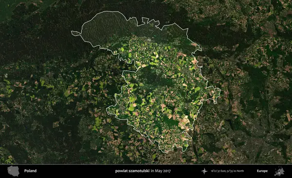 powiat szamotulski. Polonya 'nın idari alanı, Mayıs 2017' de çekilen Kopernik Nöbetçi karolarından oluşan koyu renkli bir uydu görüntüsü üzerinde vurgulandı ve özetlendi.