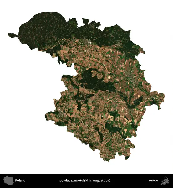 powiat szamotulski. Polonya idari bölgesi, Ağustos 2018 'de çekilen Kopernik Nöbetçi karolarından oluşan bir uydu görüntüsü üzerinde beyaza izole edildi.