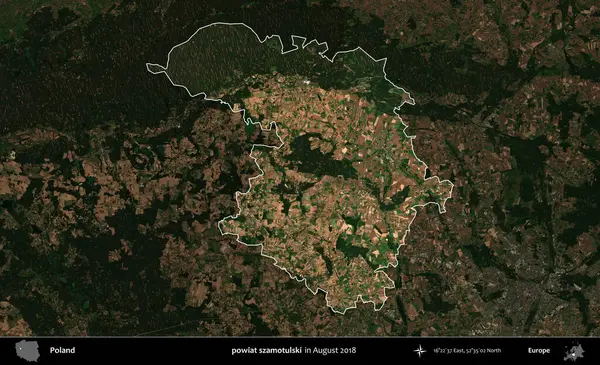 powiat szamotulski. Polonya 'nın idari alanı, Ağustos 2018' de çekilen Kopernik Nöbetçi karolarından oluşan koyu renkli bir uydu görüntüsü üzerine vurgulandı ve özetlendi