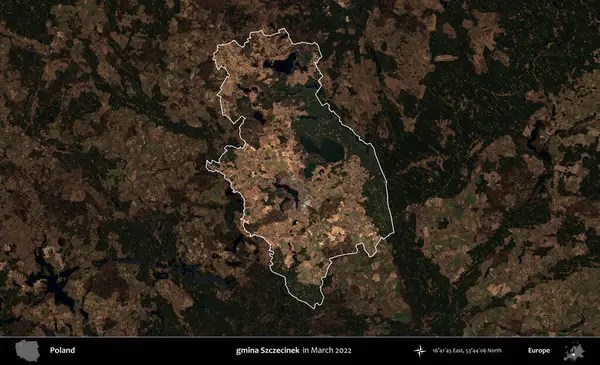 gmina Szczecinek. Polonya 'nın idari alanı, Mart 2022' de çekilen Kopernik Nöbetçi karolarından oluşan koyu renkli bir uydu görüntüsü üzerine vurgulandı ve özetlendi.