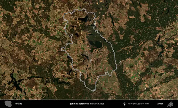 gmina Szczecinek. Polonya 'nın idari bölgesinin ana hatları, Mart 2025' te çekilen Kopernik Nöbetçi karolarından oluşan bir uydu görüntüsü üzerine çizildi.