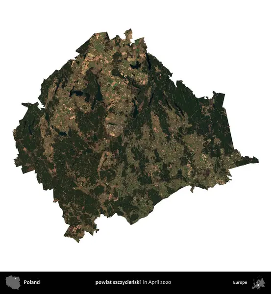 powiat szczycienski. Polonya idari bölgesi, Nisan 2020 'de çekilen Kopernik Nöbetçi karolarından oluşan bir uydu görüntüsü üzerinde beyaza izole edildi.