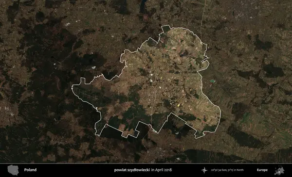 powiat szydlowiecki. Polonya 'nın idari alanı, Nisan 2018' de çekilen Kopernik Nöbetçi karolarından oluşan koyu renkli bir uydu görüntüsü üzerine vurgulandı ve özetlendi