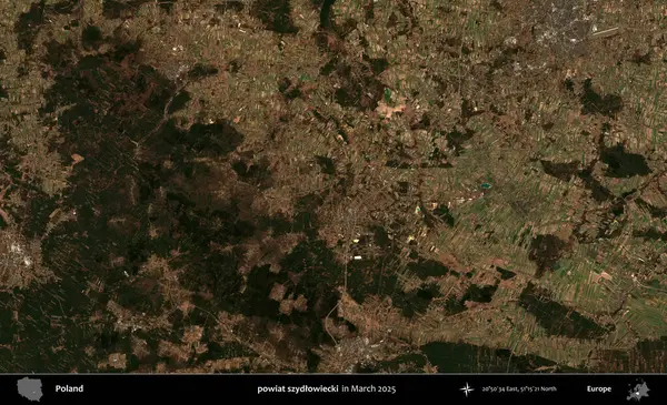 powiat szydlowiecki. Copernicus Sentinel 'in Mart 2025' te çekilmiş uydu görüntüsü üzerine Polonya 'nın idari bölgesi