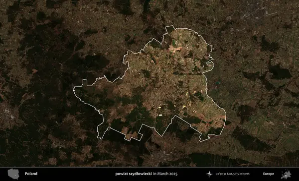 powiat szydlowiecki. Polonya 'nın idari alanı, Mart 2025' te çekilen Kopernik Nöbetçi karolarından oluşan koyu renkli bir uydu görüntüsü üzerine vurgulandı ve özetlendi
