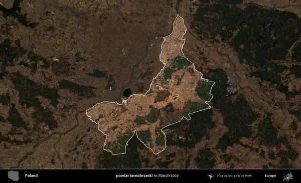 powiat tarnobrzeski. Polonya 'nın idari alanı, Mart 2022' de çekilen Kopernik Nöbetçi karolarından oluşan koyu renkli bir uydu görüntüsü üzerine vurgulandı ve özetlendi.