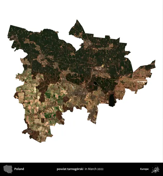 powiat tarnogorski. Polonya idari bölgesi, Mart 2022 'de çekilen Kopernik Nöbetçi karolarından oluşan bir uydu görüntüsü üzerinde beyaza izole edildi.
