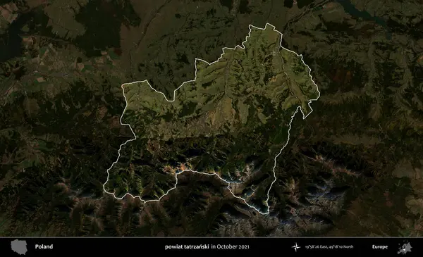 powiat tatrzanski. Polonya 'nın idari alanı, Ekim 2021' de çekilen Kopernik Nöbetçi karolarından oluşan koyu renkli bir uydu görüntüsü üzerine vurgulandı ve özetlendi