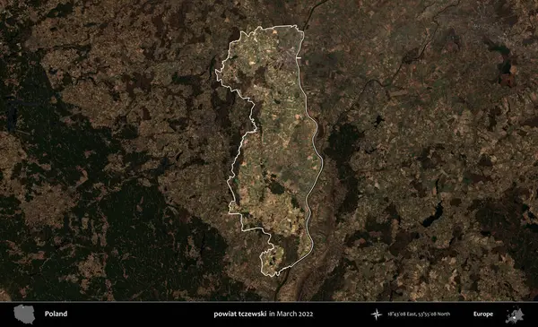 Powiat tzewski. Polonya 'nın idari alanı, Mart 2022' de çekilen Kopernik Nöbetçi karolarından oluşan koyu renkli bir uydu görüntüsü üzerine vurgulandı ve özetlendi.