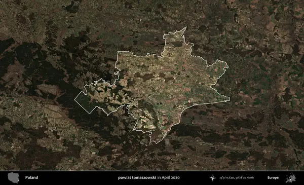 powiat tomaszowski. Polonya 'nın idari alanı, Nisan 2020' de çekilen Kopernik Nöbetçi karolarından oluşan koyu renkli bir uydu görüntüsü üzerine vurgulandı ve özetlendi