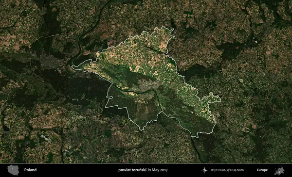 Powiat Torski. Polonya 'nın idari alanı, Mayıs 2017' de çekilen Kopernik Nöbetçi karolarından oluşan koyu renkli bir uydu görüntüsü üzerinde vurgulandı ve özetlendi.