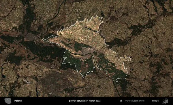 Powiat Torski. Polonya 'nın idari alanı, Mart 2022' de çekilen Kopernik Nöbetçi karolarından oluşan koyu renkli bir uydu görüntüsü üzerine vurgulandı ve özetlendi.