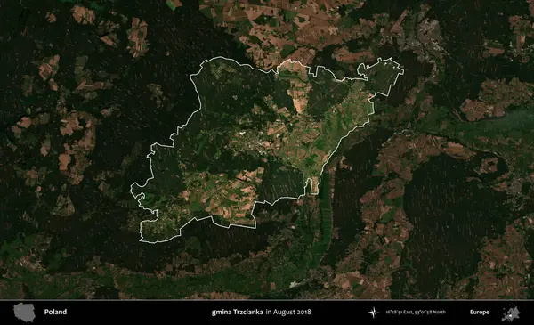 gmina Trzcianka. Polonya 'nın idari alanı, Ağustos 2018' de çekilen Kopernik Nöbetçi karolarından oluşan koyu renkli bir uydu görüntüsü üzerine vurgulandı ve özetlendi