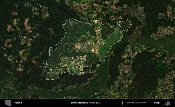 gmina Trzcianka. Polonya 'nın idari alanı, Mayıs 2017' de çekilen Kopernik Nöbetçi karolarından oluşan koyu renkli bir uydu görüntüsü üzerinde vurgulandı ve özetlendi.