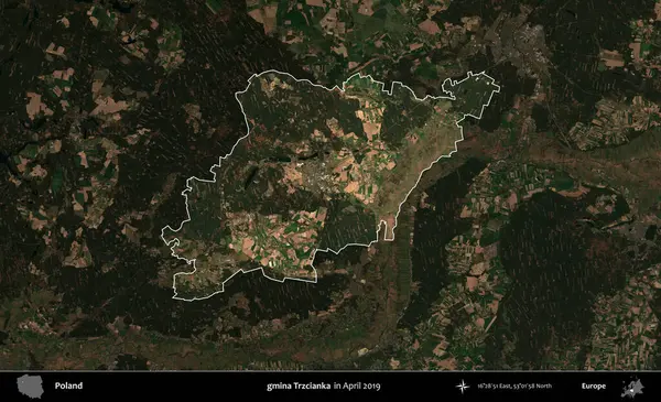 gmina Trzcianka. Polonya 'nın idari alanı, Nisan 2019' da çekilen Kopernik Nöbetçi karolarından oluşan koyu renkli bir uydu görüntüsü üzerine vurgulandı ve özetlendi.