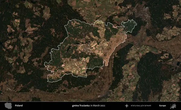 gmina Trzcianka. Polonya 'nın idari alanı, Mart 2022' de çekilen Kopernik Nöbetçi karolarından oluşan koyu renkli bir uydu görüntüsü üzerine vurgulandı ve özetlendi.