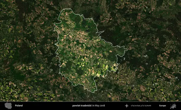 powiat trzebnicki. Polonya 'nın idari alanı, Mayıs 2018' de çekilen Kopernik Nöbetçi karolarından oluşan koyu renkli bir uydu görüntüsüyle vurgulandı ve özetlendi