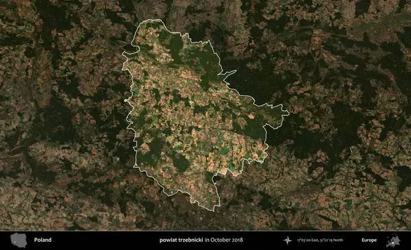 powiat trzebnicki. Polonya 'nın idari alanı, Ekim 2018' de çekilen Kopernik Nöbetçi karolarından oluşan koyu renkli bir uydu görüntüsü üzerine vurgulandı ve özetlendi
