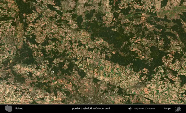 powiat trzebnicki. Polonya 'nın idari bölgesi, Ekim 2018' de çekilen Kopernik Sentinel karolarından oluşan bir uydu görüntüsü üzerine kurulmuştur.