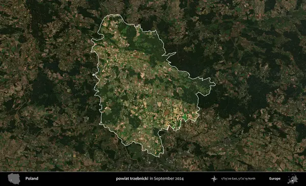 powiat trzebnicki. Polonya 'nın idari alanı, Eylül 2024' te çekilen Kopernik Nöbetçi karolarından oluşan koyu renkli bir uydu görüntüsü üzerine vurgulandı ve özetlendi