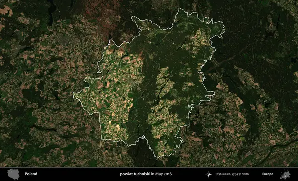 powiat tucholski. Polonya 'nın idari alanı, Mayıs 2016' da çekilen Kopernik Nöbetçi karolarından oluşan koyu renkli bir uydu görüntüsü üzerine vurgulandı ve özetlendi