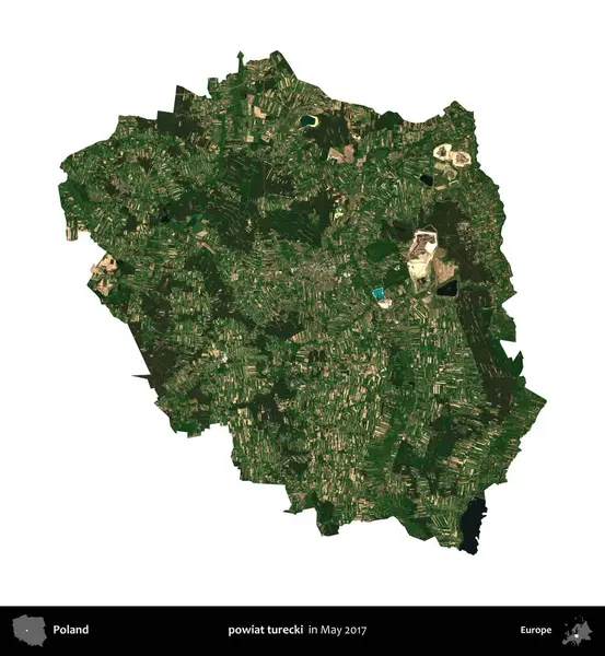 powiat turecki. Polonya idari bölgesi, Mayıs 2017 'de çekilen Kopernik Nöbetçi karolarından oluşan bir uydu görüntüsü üzerinde beyaza izole edildi.