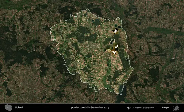 powiat turecki. Polonya 'nın idari alanı, Eylül 2024' te çekilen Kopernik Nöbetçi karolarından oluşan koyu renkli bir uydu görüntüsü üzerine vurgulandı ve özetlendi