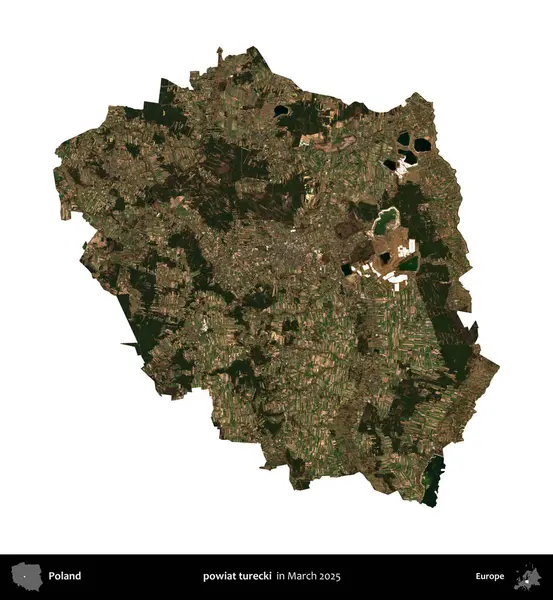 powiat turecki. Polonya idari bölgesi, Mart 2025 'te çekilen Kopernik Nöbetçi karolarından oluşan bir uydu görüntüsü üzerinde beyaza izole edildi.
