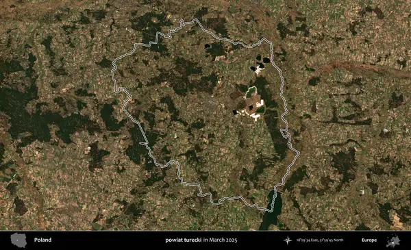powiat turecki. Polonya 'nın idari bölgesinin ana hatları, Mart 2025' te çekilen Kopernik Nöbetçi karolarından oluşan bir uydu görüntüsü üzerine çizildi.