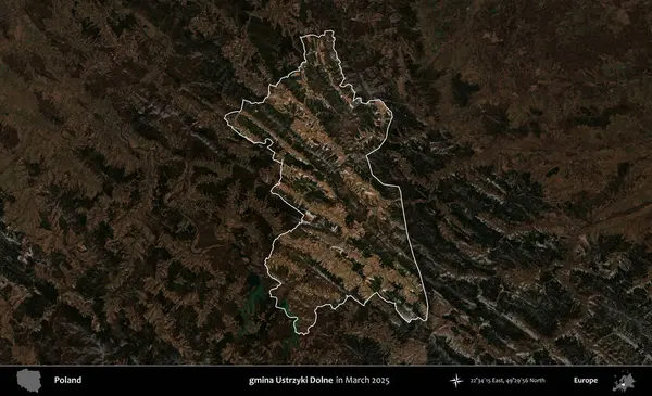 gmina Ustrzyki Dolne. Polonya 'nın idari alanı, Mart 2025' te çekilen Kopernik Nöbetçi karolarından oluşan koyu renkli bir uydu görüntüsü üzerine vurgulandı ve özetlendi