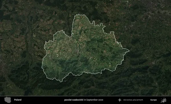 powiat wadowicki. Polonya 'nın idari alanı, Eylül 2020' de çekilen Kopernik Nöbetçi karolarından oluşan koyu renkli bir uydu görüntüsü üzerine vurgulandı ve özetlendi